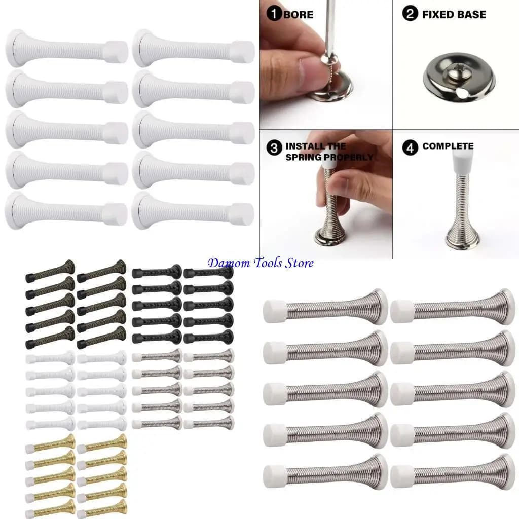 57BE 10Pcs Steel Spring Door Stoppers with Rubber Bumper AntiCollision Wall Protector Low Mounted Door Bumper Enduring