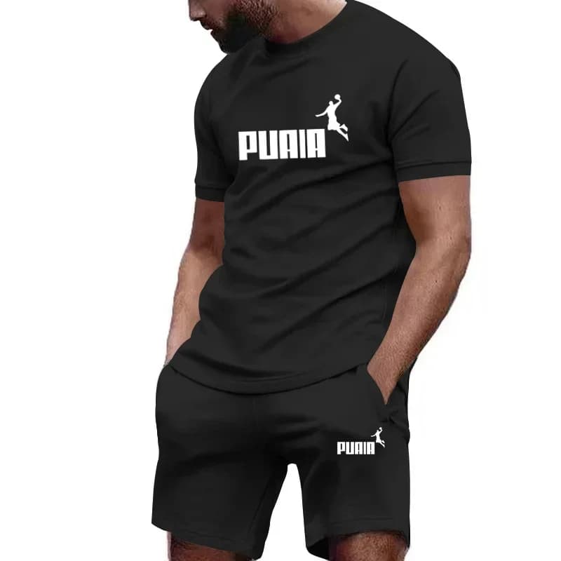 Set di t-shirt e pantaloncini da corsa ad asciugatura rapida da uomo con scollo rotondo e tessuto elastico. Abbigliamento sportivo e casual.