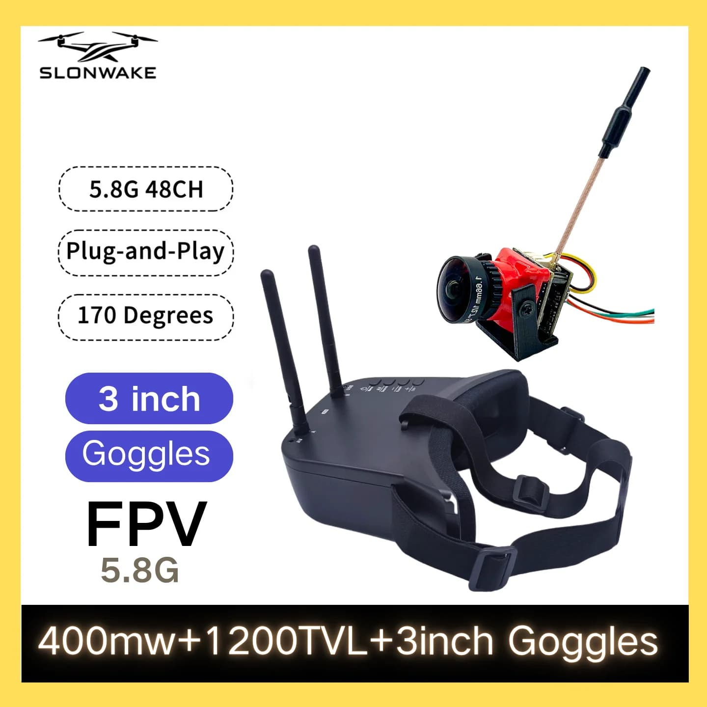 SLONWAKE 5.8G 48CH FPV 400mw VTX with 1200TVL 3-inch monitor for RC Auto racing drones Air model Acc fixed wing drone