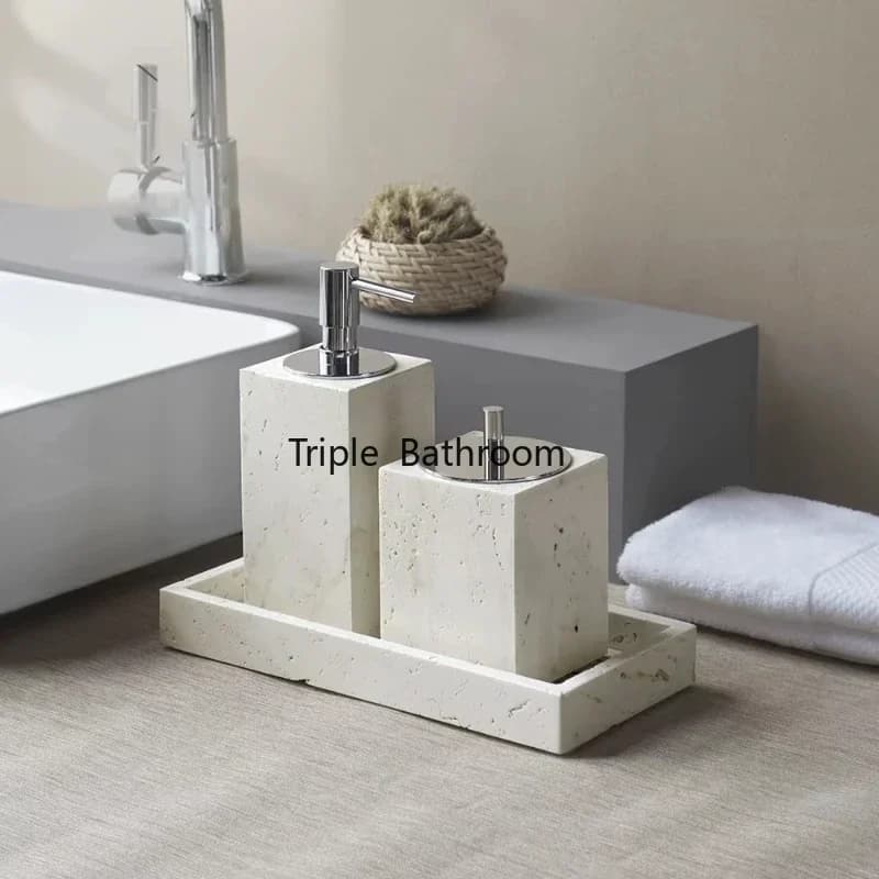 Beige Travertine Bathroom Toiletries Ture Natural Stone Soap Dispenser Toothbrush Holder Tray Tissue Box Bathroom Accessories