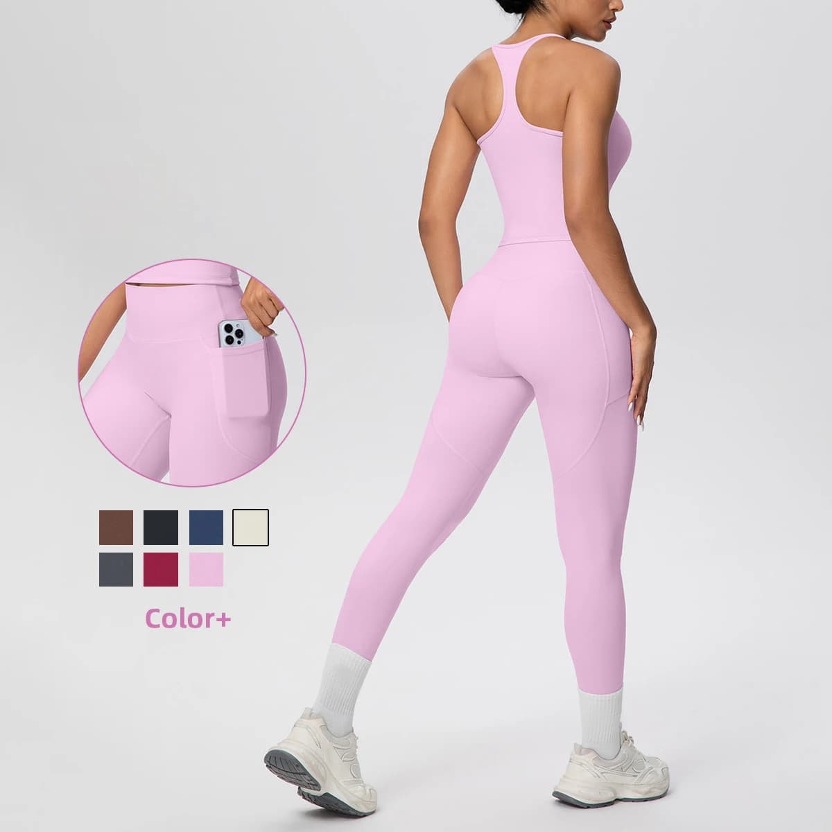 Rooftrellen 2PCS Women Yoga Suit Solid Color Backless I-shaped Vest High Waisted Push Up Pockets Pants Gym Sports Yoga Set