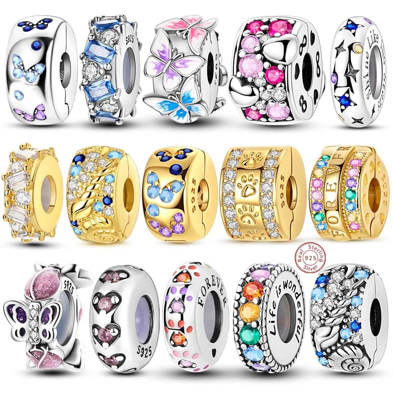 Perline con ciondoli originali Ciondoli con clip in argento sterling 925 Perline distanziatrici in silicone con zirconi adatti per braccialetti originali Gioielli da donna con ciondoli fai-da-te