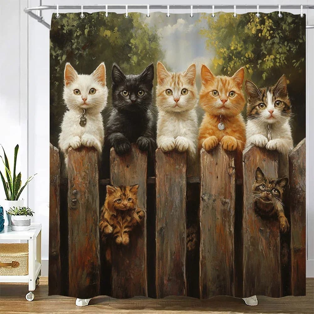 Tenda da doccia con animali adorabili per gatti e cani Paesaggio di campagna Gatti e cani Stampa Tenda da bagno con ganci Tenda per decorazioni per la casa