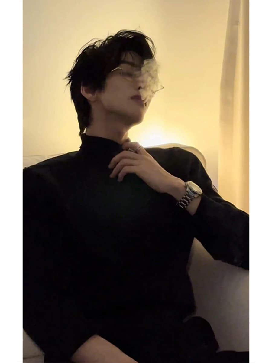 Black High Collar Long Sleeve T-Shirt Men's Autumn Winter Slim Fit Warm Inner Shirt Suit Underwear European Style Cotton Tee