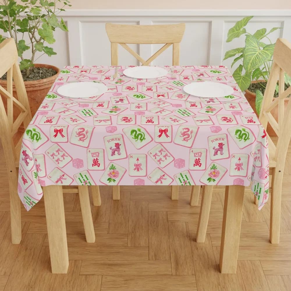 Pink Tile Design Mahjong Square Tablecloth - Game Night Instructions Mat Elegant Party Decor