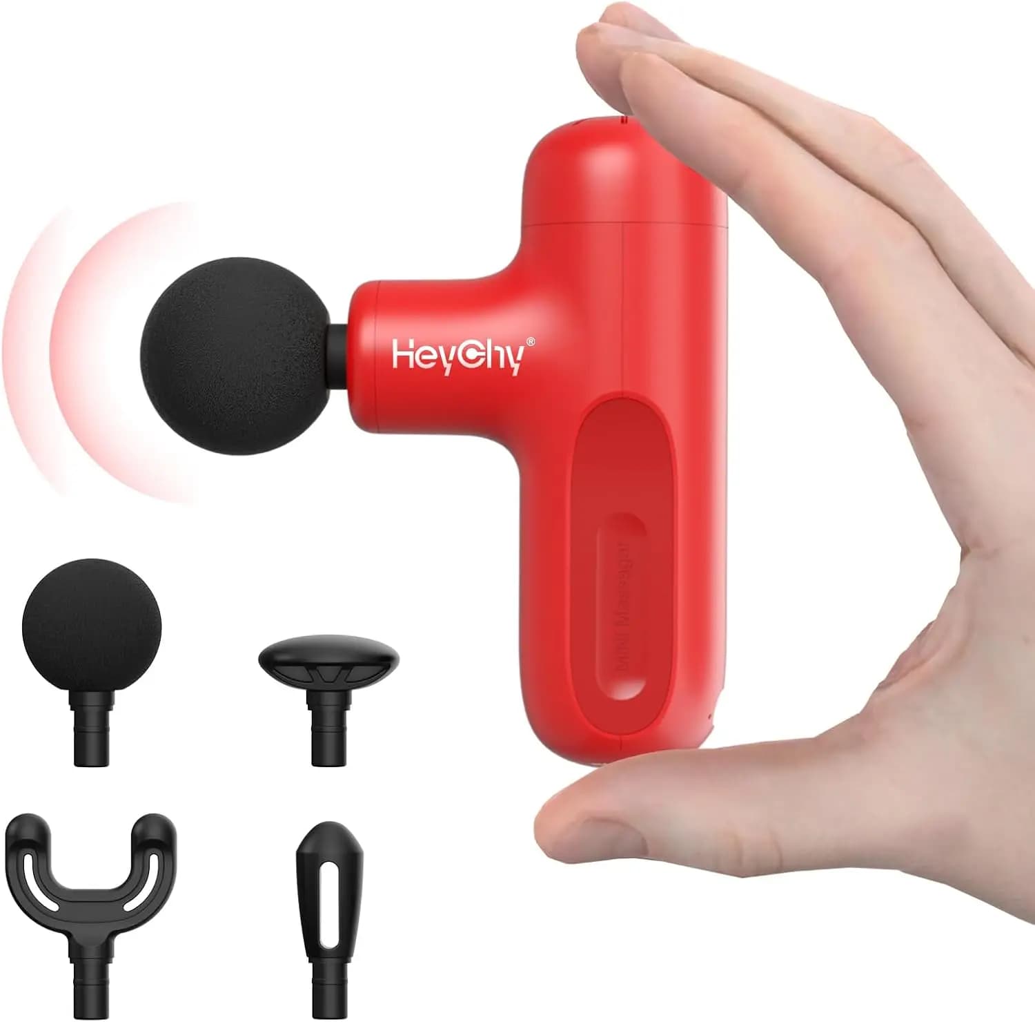 Mini Massage Gun with 4 Heads, Silent and Deep to Relieve the Pain to the Back at Home, in Gym, in Office - Red