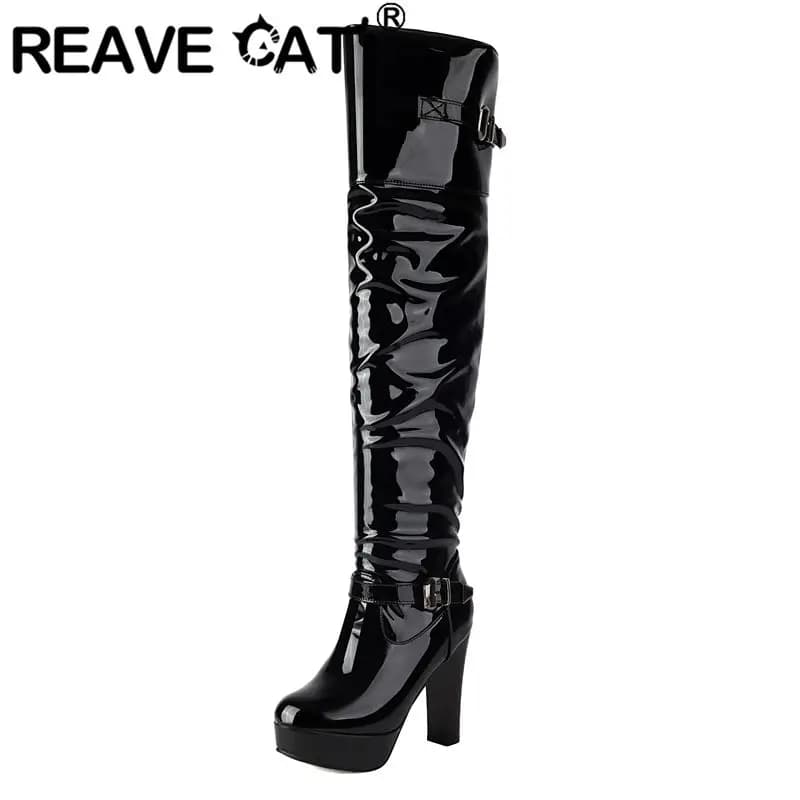 REAVE CAT Women's Boots Sexy Thigh Gloss Round Toe Round Toe Ultra high heels 11 cm Platform 3 cm Belt buckle Meta Decor Holiday Boots