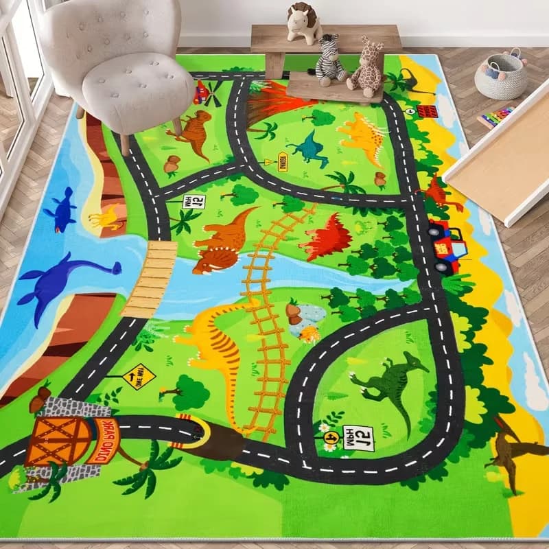 Tappeto con Mappa Stradale dei Dinosauri, Tappetino da Gioco per Bambini, Design Parco dei Dinosauri, Decorazione per Casa, Tappeto per Camera da Letto e Soggiorno