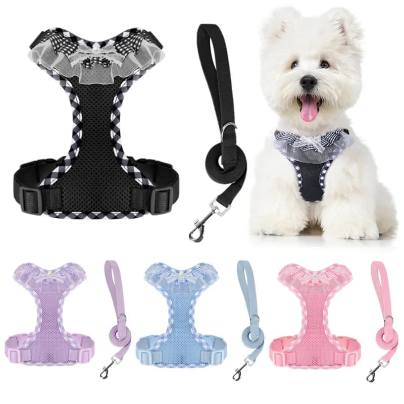 Cute Lace Harness Leash Set Luxury Plaid Dog Vest Breathable Mesh Puppy Vest Harness Adjustable Cat Chest Strap Pet Outdoor Rope