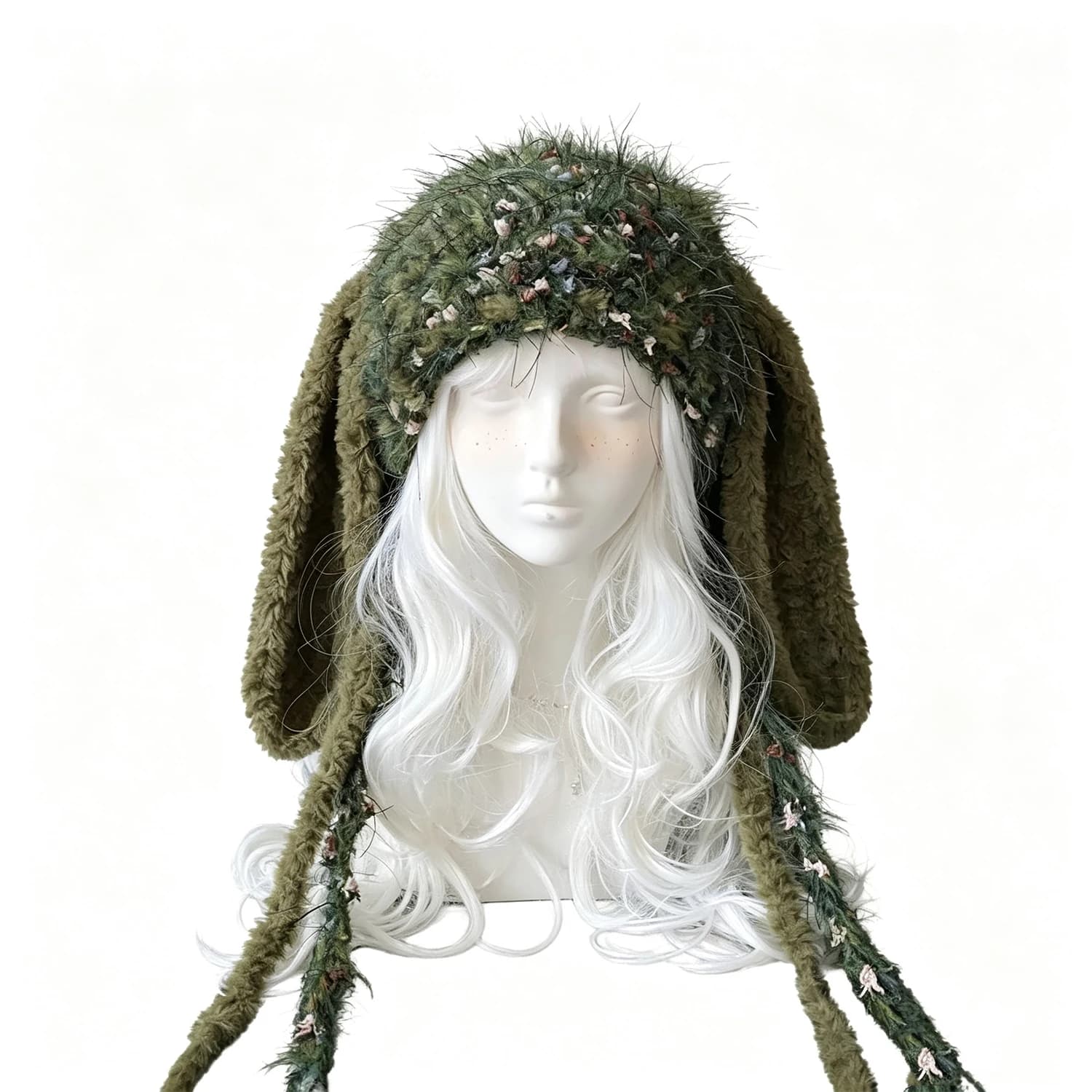 Custom Hand‑Crocheted Moss Forest Bunny Rabbit Ears Hat Girls Soft Plush Knitted Beanie Women Fairycore Winter Warm Skullies Cap
