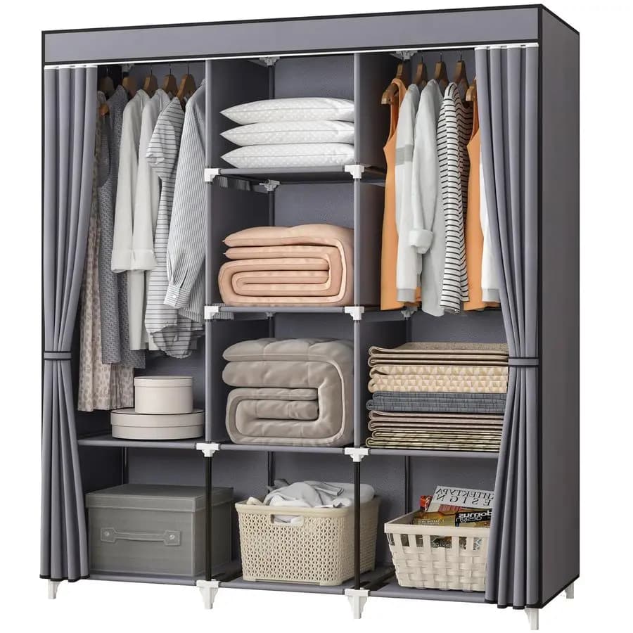 Wardrobe, 51 inch wardrobe cabinet for hanging clothes with 2 rods for hanging, 8 shelves organizer for bedroom, durable and E