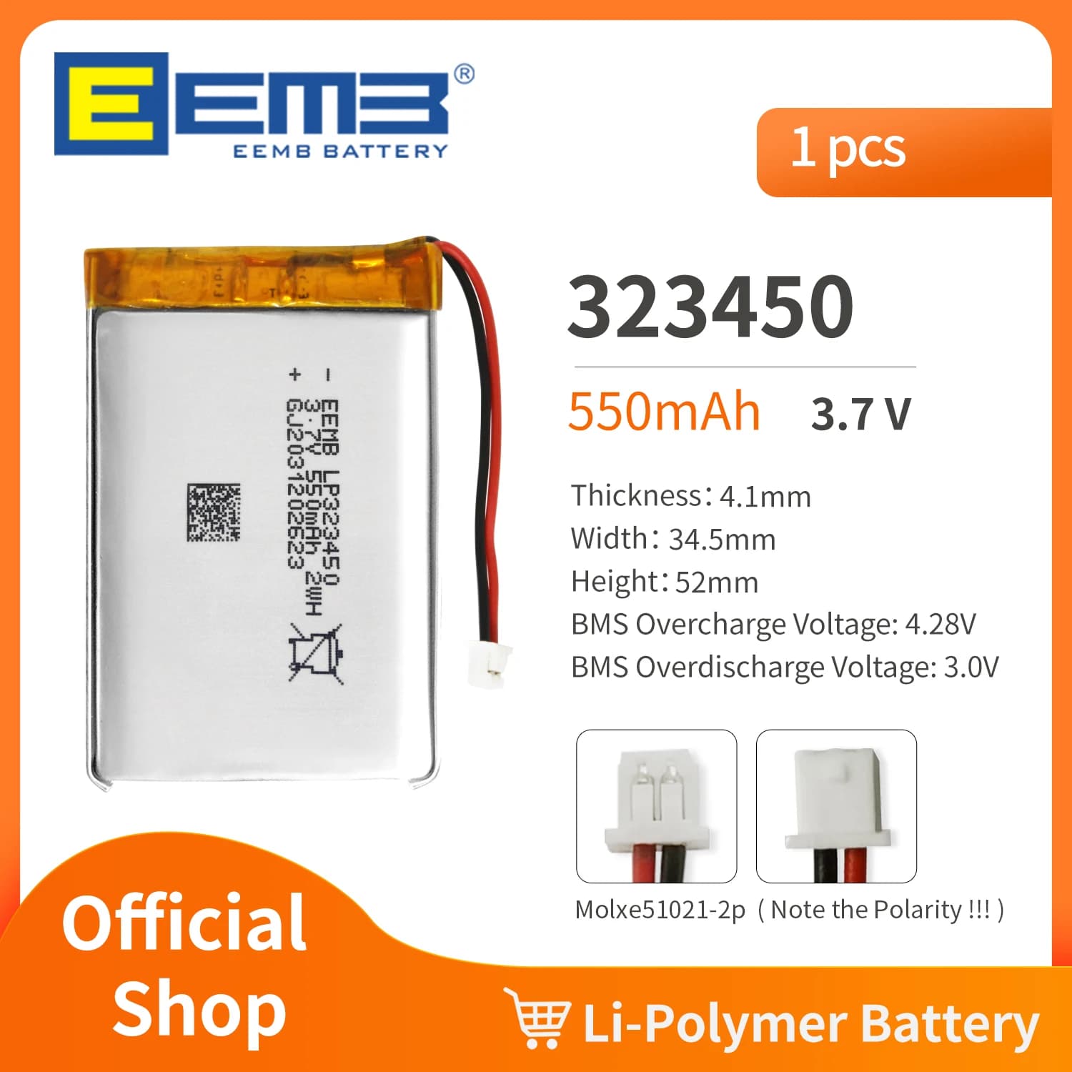 800mAh Lithium Polymer Rechargeable Battery EEMB 323450 3.7V Battery for Dashcam, Flashlight, Bluetooth Speaker, GPS, Camera