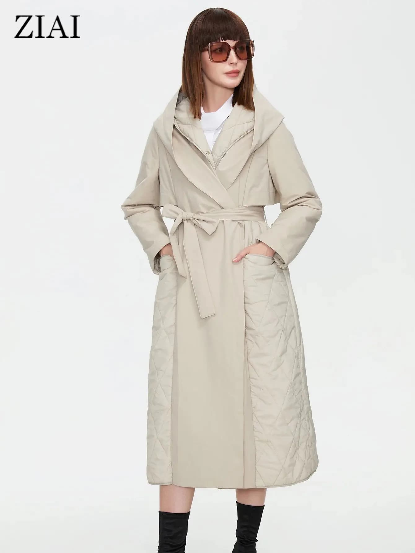 ZIAI 2022 donna autunno giacca trapuntata donna lungo sottile Trench in cotone con cappuccio cintura con bottoni nascosti eleganti giacche a vento ZM-7285