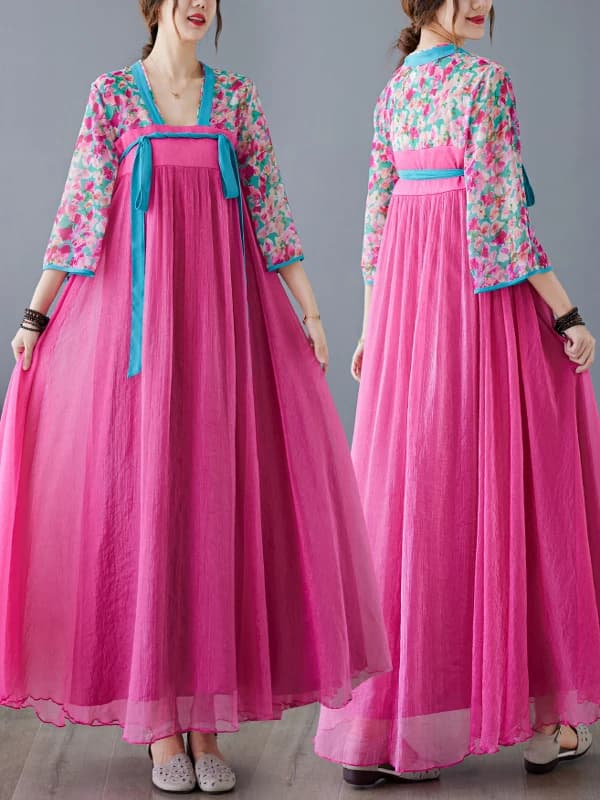 Abito lungo maxi snellente per donne taglie forti, stile etnico estivo, Hanfu vintage migliorato, abito ampio a ruota