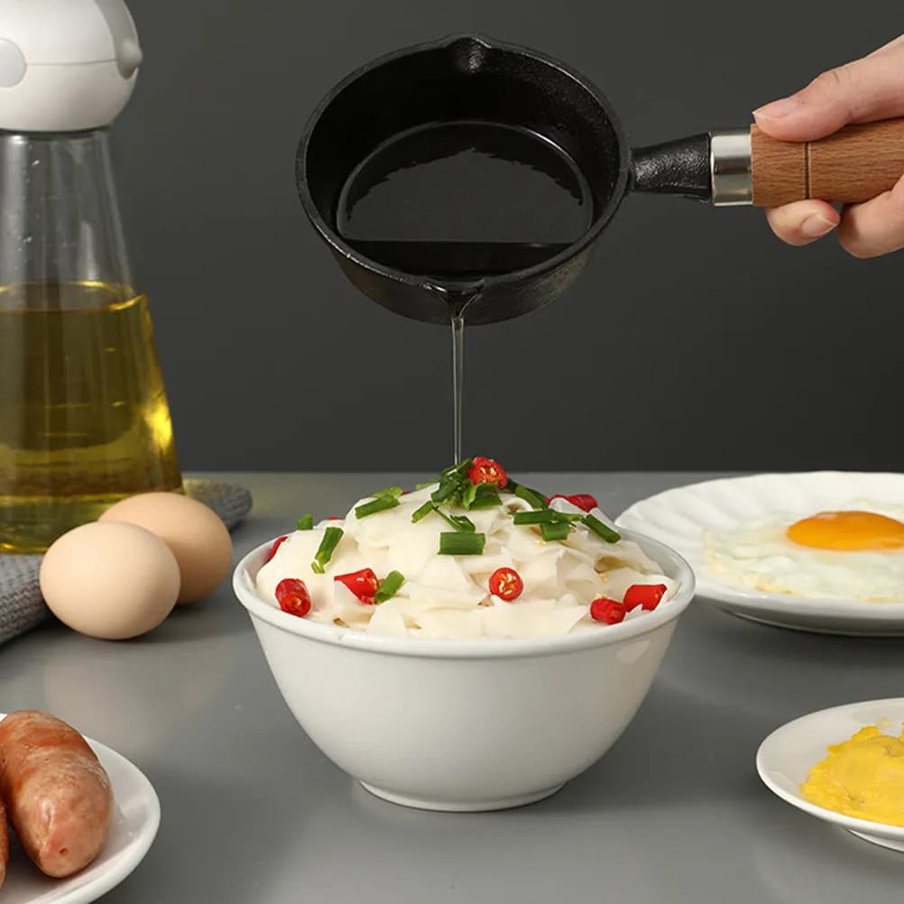 Set di 1 padella antiaderente in ghisa con manico lungo per olio e uova, piccola pentola con supporto per fornello, per conservazione del calore