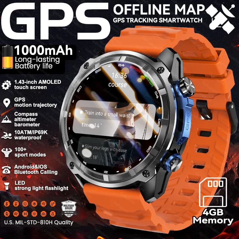 Orologio intelligente da uomo GPS di grado militare Mappa GPS integrata 10ATM Impermeabile 4 GB di memoria Chiamata Bluetooth 1000mAh Smartwatch sportivi per adulti