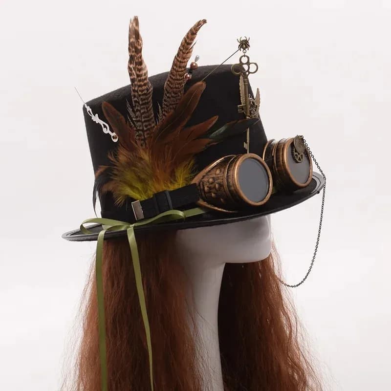 Berretto con piume, occhiali da indossare, stile gotico, moda Lolita, cappello Fedora nero, adatto per feste di Halloween e Natale