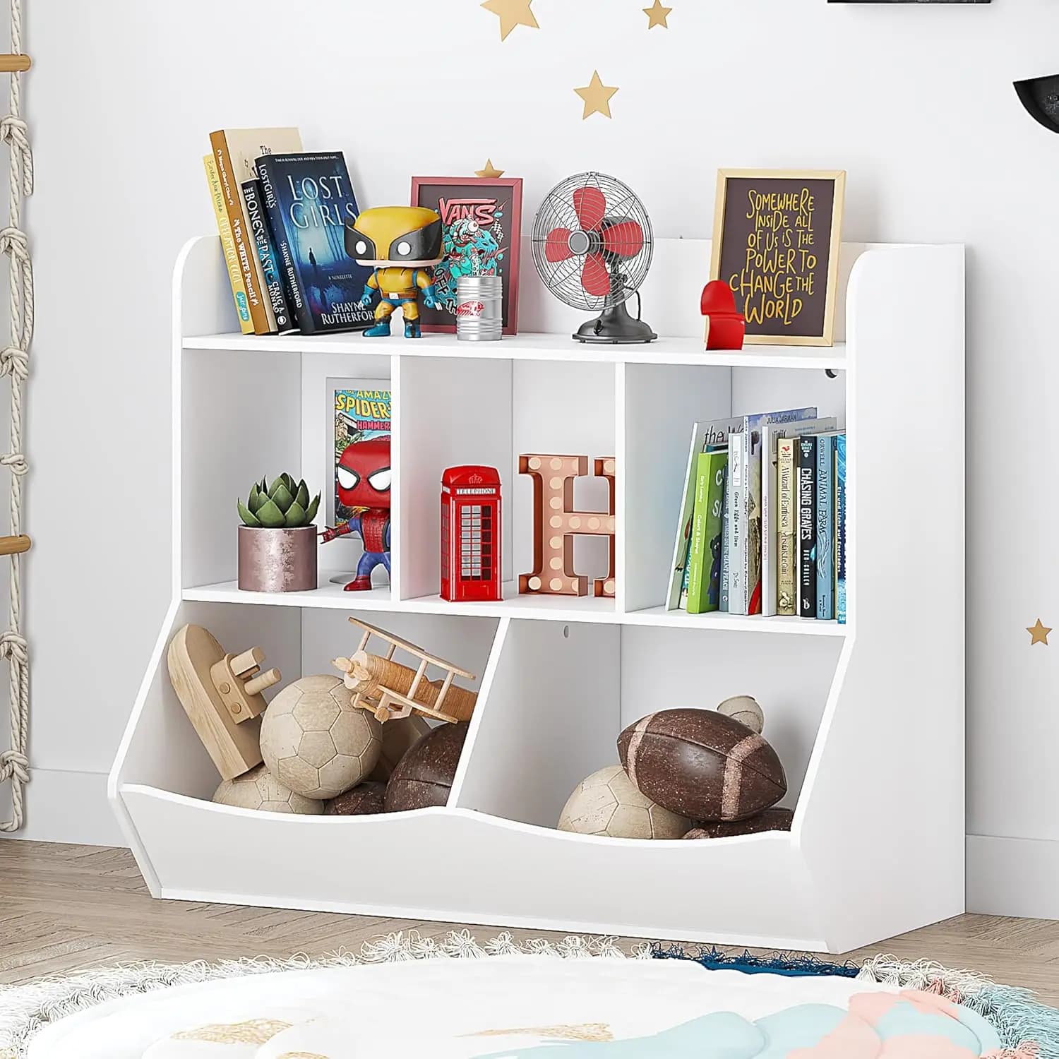Organizer for Children's Toys with Bookcase, Multi-Sheet Shelf for Books and Toys, White Mobile for Games Room and Bedroom
