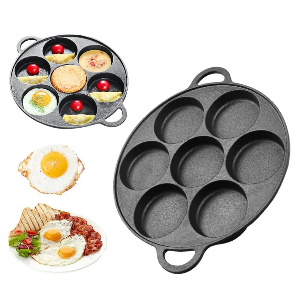 Padella Antiaderente a 7 Fori per Uova, Pancake e Bistecche, in Ghisa, per Colazione, Adatta a Fornelli a Gas e a Induzione
