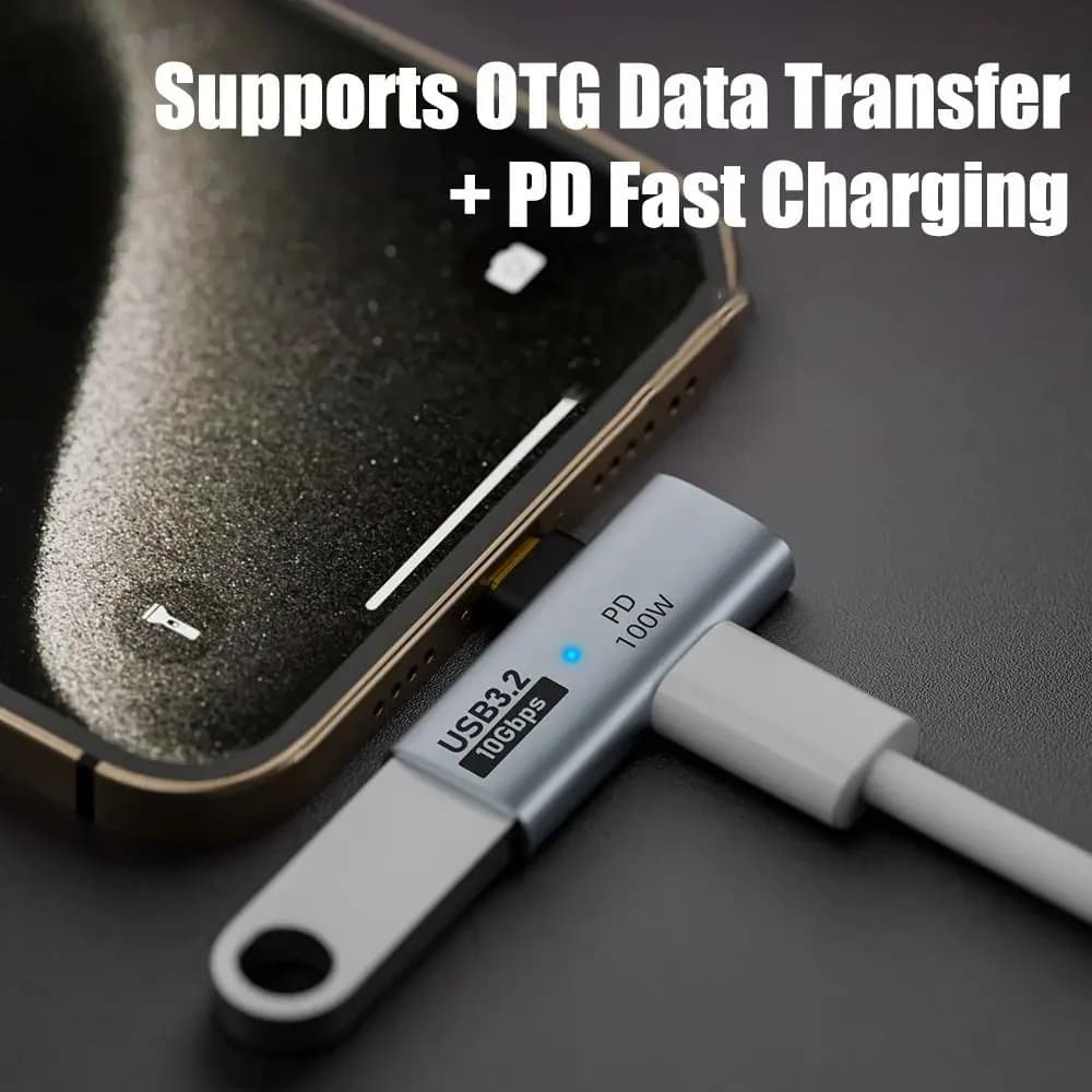2 in 1 USB Type C Adapter Right Angle PD 100W USB OTG Adapter Data Transfer Fast Charging for Phone/Computers/Laptop/U Disk