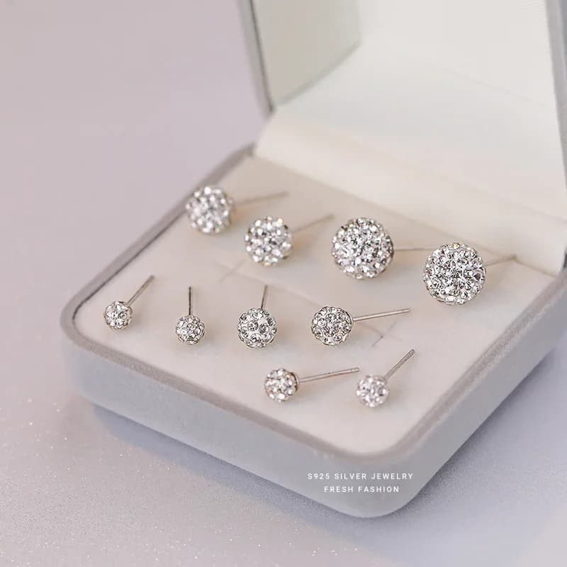 Orecchini a bottone con sfera di strass di cristallo in argento sterling S925 per gioielli da donna