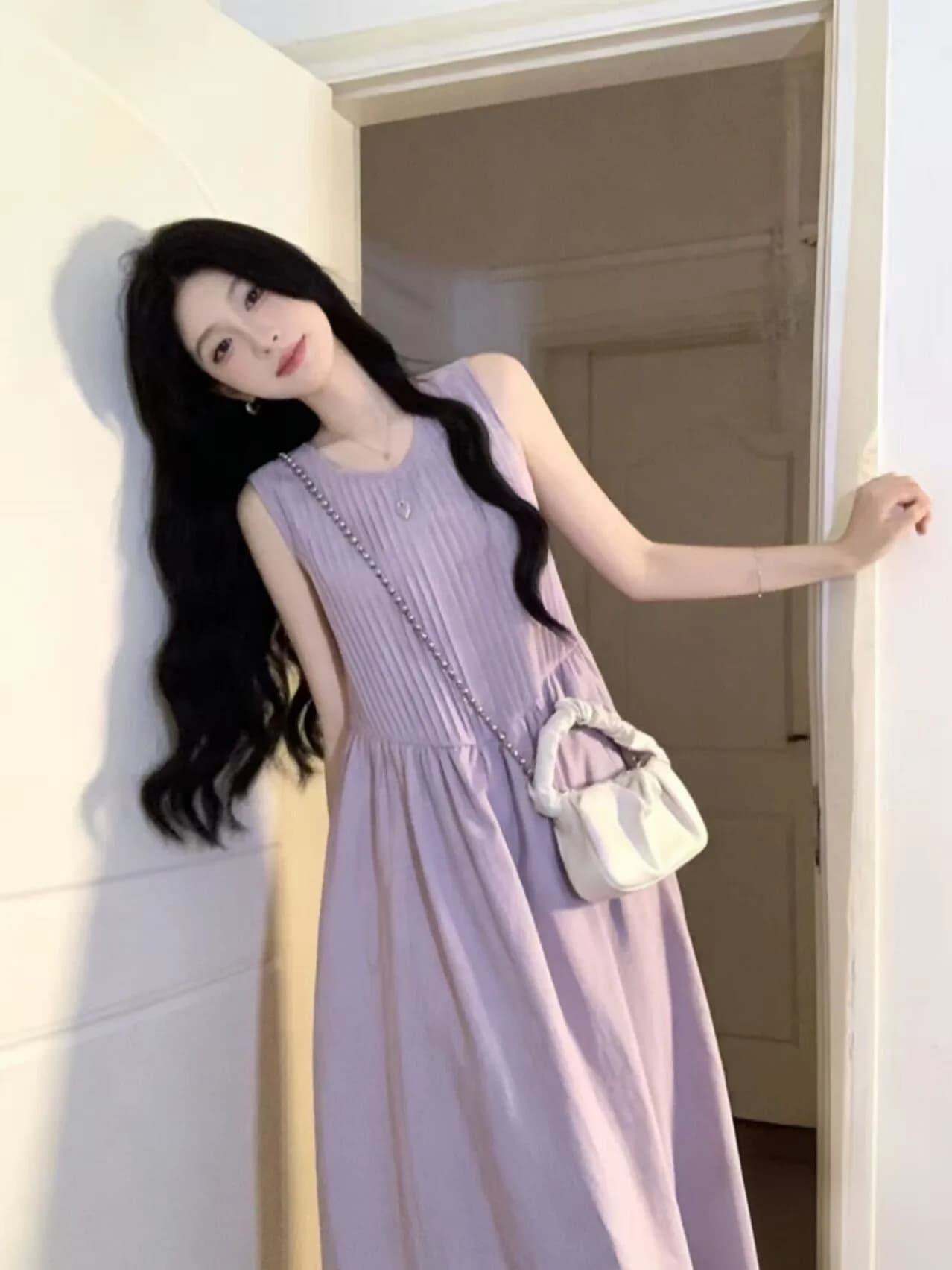 Nuovo Abito Estivo Viola Senza Maniche da Donna, Elegante Vestito Lungo Sottile, Stile Delicato, in Maglia Morbida di Poliestere, Casual, Linea ad A