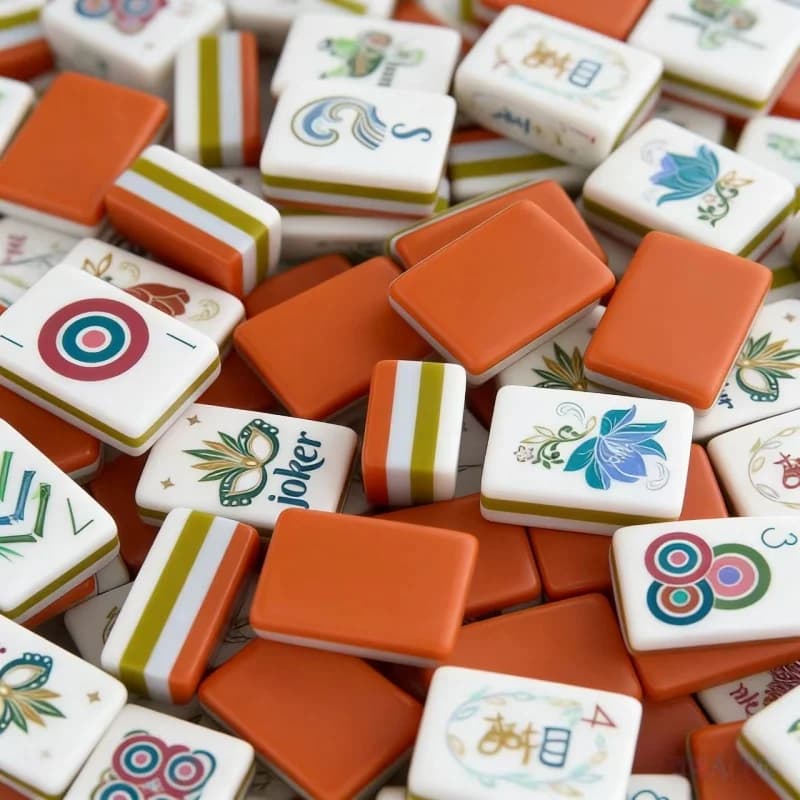 Set Mahjong Americano Arancione a 4 Strati, 160 Tessere in Acrilico con Stampa Vintage, Set Portatile per Giochi Familiari e Feste