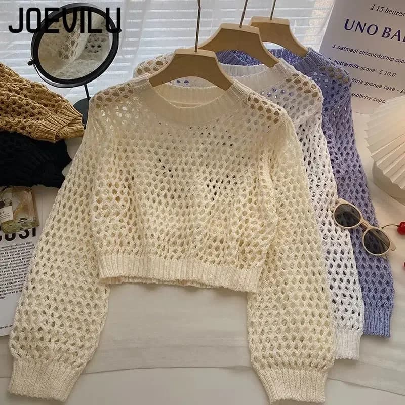 Top corto in maglia scavata Pullover a maniche lunghe slim fit da donna Camicie casual primavera estate Camicetta streetwear moda coreana Y2k