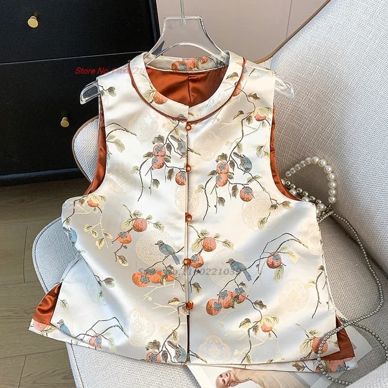 2026 chinese vintage vest hanfu tops traditional o-neck vest national satin jacquard folk vest oriental retro sleeveless jacket