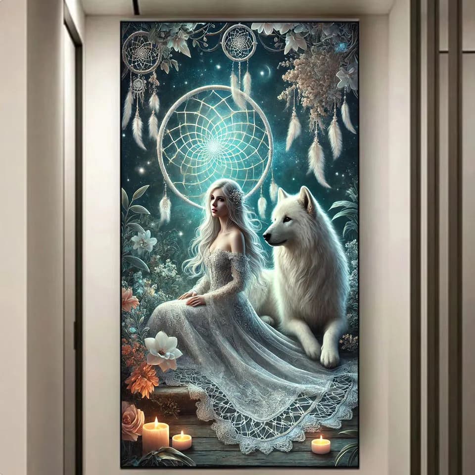 5d Diamond Embroidery woman and wolf Full Round Square Diamond Painting Dreamcatcher New Collection Home Decoration Diy Gift