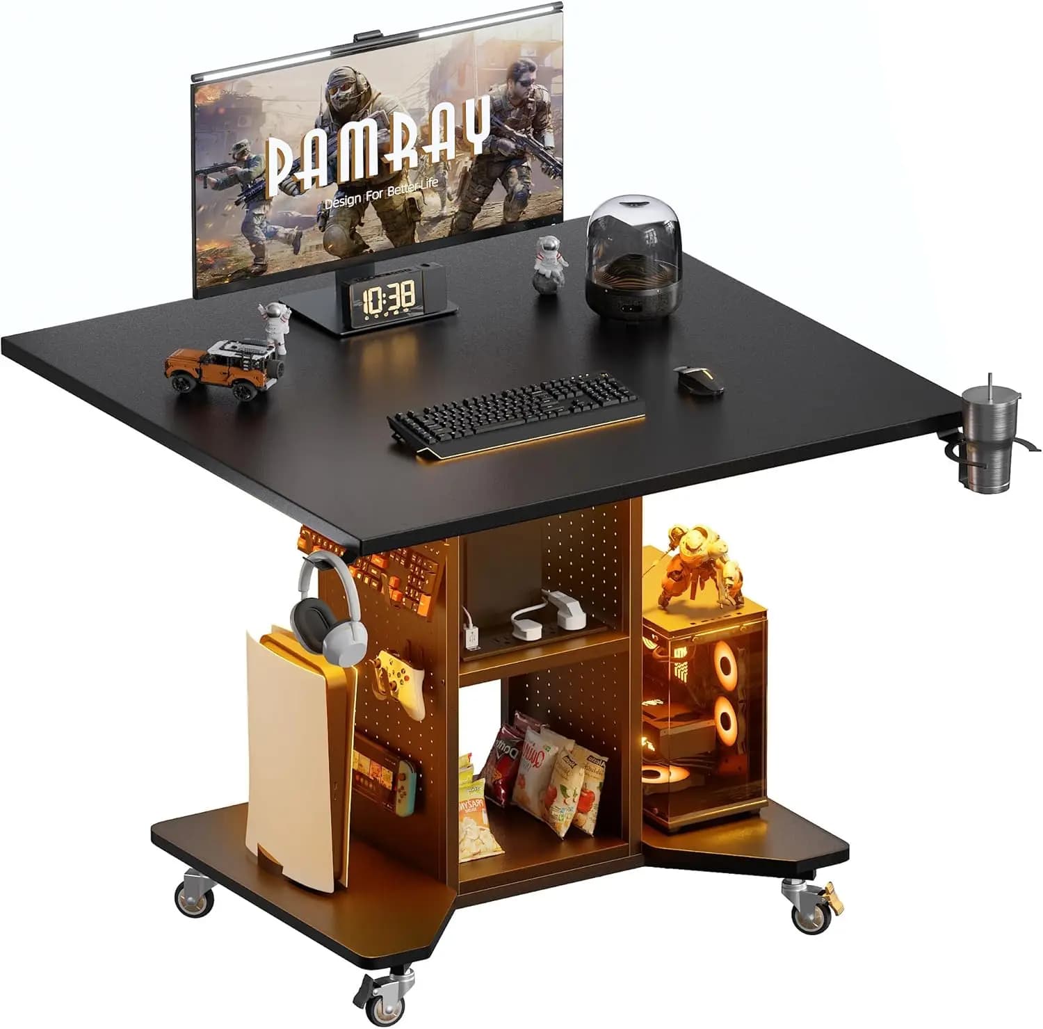 Scrivania da Gaming Compatta con Luci LED, Prese di Corrente e Spazio di Archiviazione per Piccoli Spazi