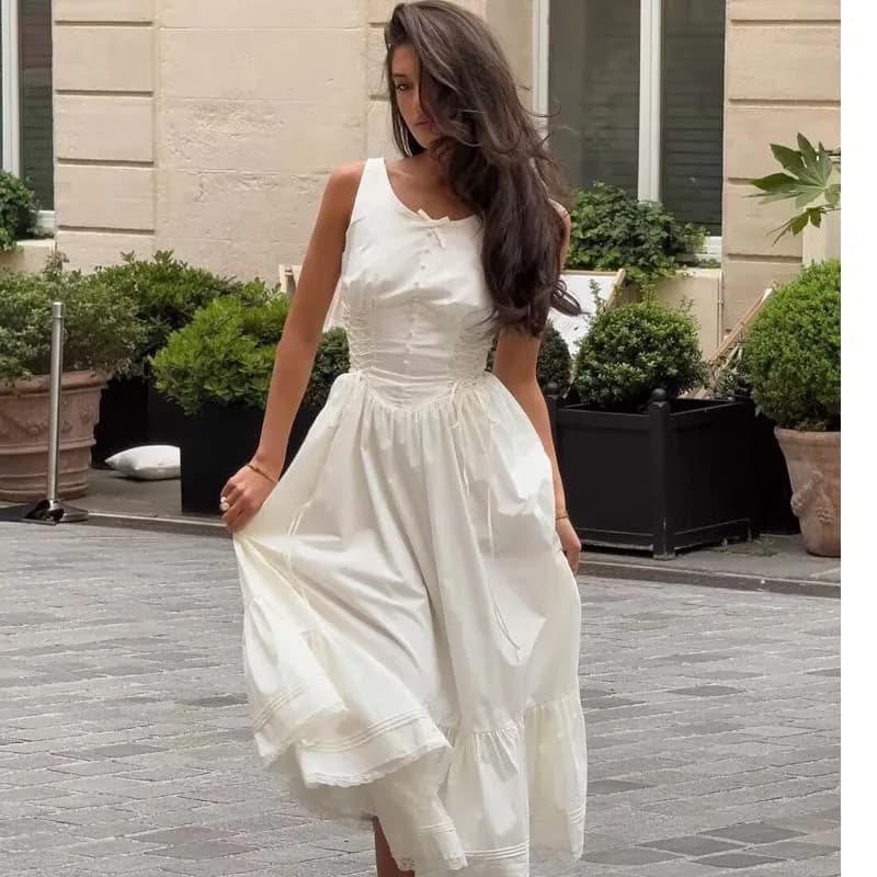 YENKYE White longuette dress with bow or neck bohemian style women's dress with laces on the front Sleeveless dress casual summer dresses holiday dress