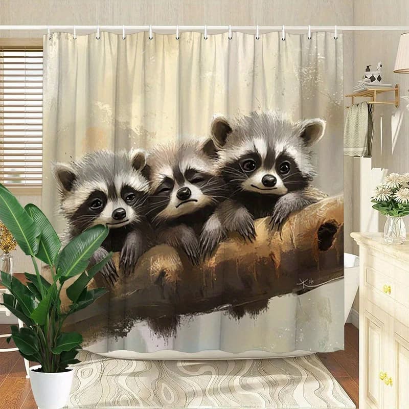 Tenda da doccia Curious Raccoon - Simpatici animali foderati e appesi al muro del soggiorno, decorazione della camera da letto - carini e naturali