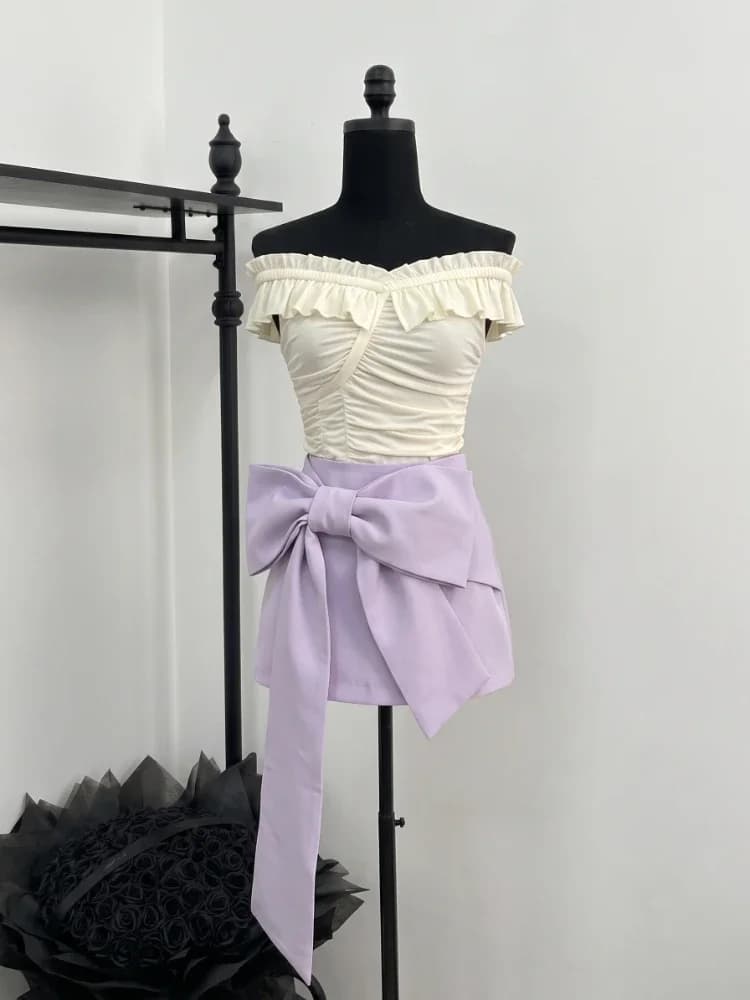 IMU Coquette Elegant Sexy Off-Shoulder Ruched Crop Top + Big Bow Bodycon Mini Skirt 2 Piece Set Women Summer Party Date Outfits