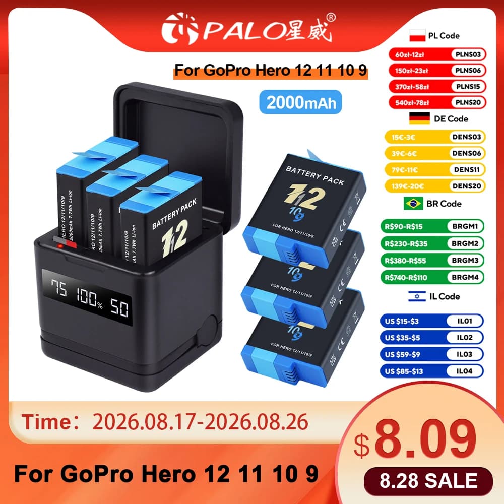 PALO Battery for GoPro Hero 12 11 10 9 2000mAh Battery+LCD 3 Ways Fast Charger Box TF Card Storage for GoPro Hero Accessories