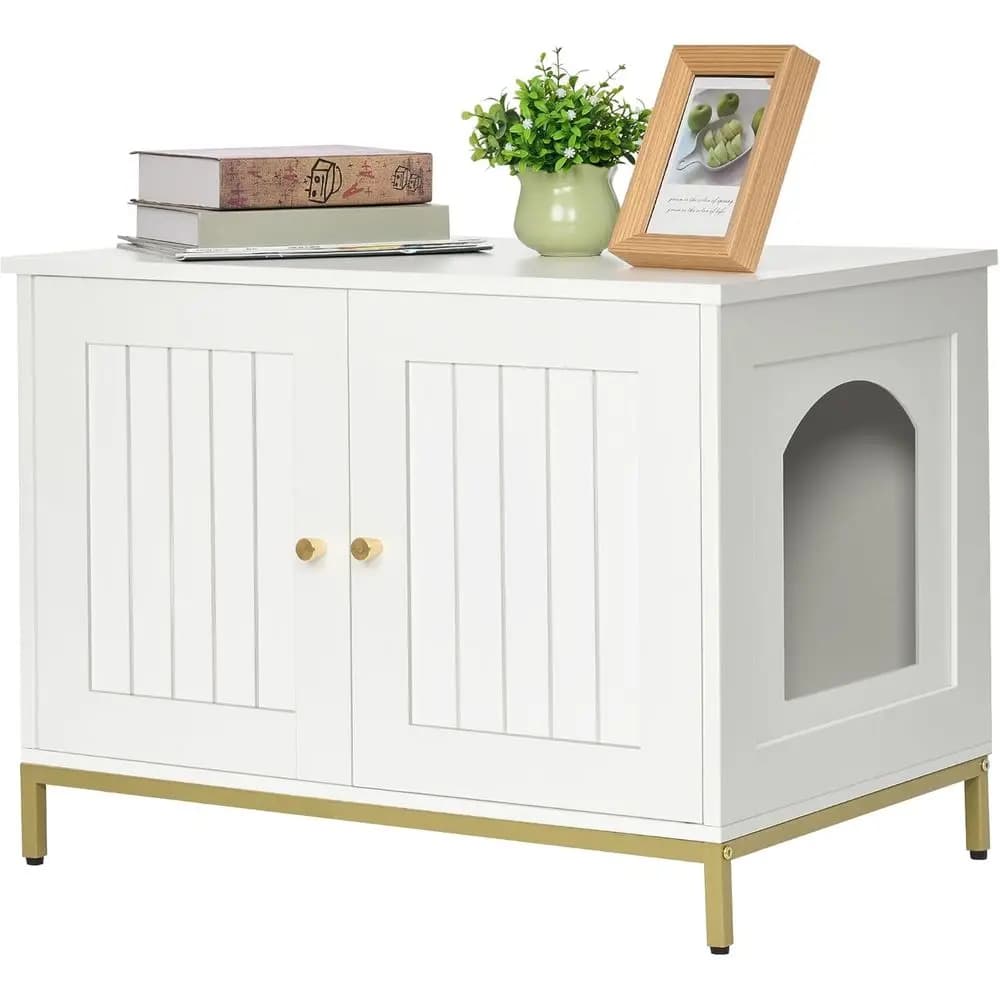 Elegant White and Gold Cat Litter Box Enclosure with Modern Style and Metal Frame