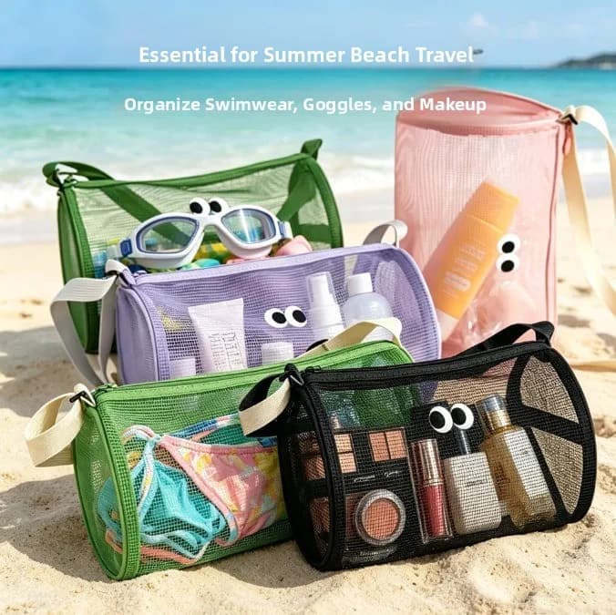 1pc Large Capacity round Cylinder Mesh Storage Bag Single Shoulder Handheld Wash Bag Cosmetic Storage Travel Organizer Bag