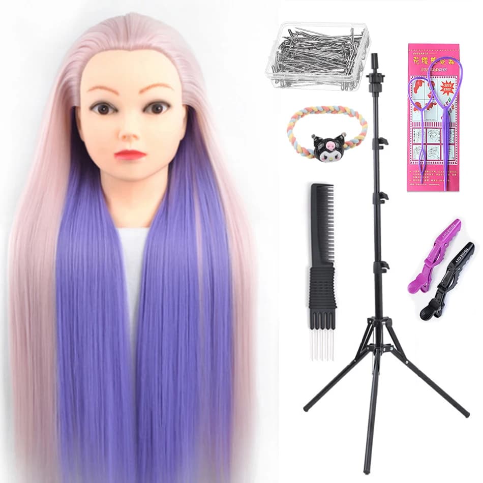 Training head with colorful hair 80cm synthetic hair for braiding hairstyle Head hairdressing head mannequin With Stand Tripod