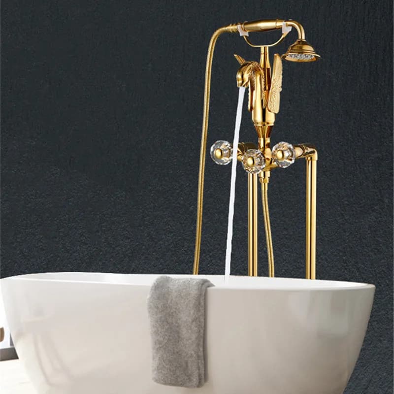 Set Rubinetto Vasca da Bagno Tuqiu Gold, Miscelatore a Colonna per Vasca in Ottone Bronzo Antico, Stile Moderno, Rubinetti per Bagno