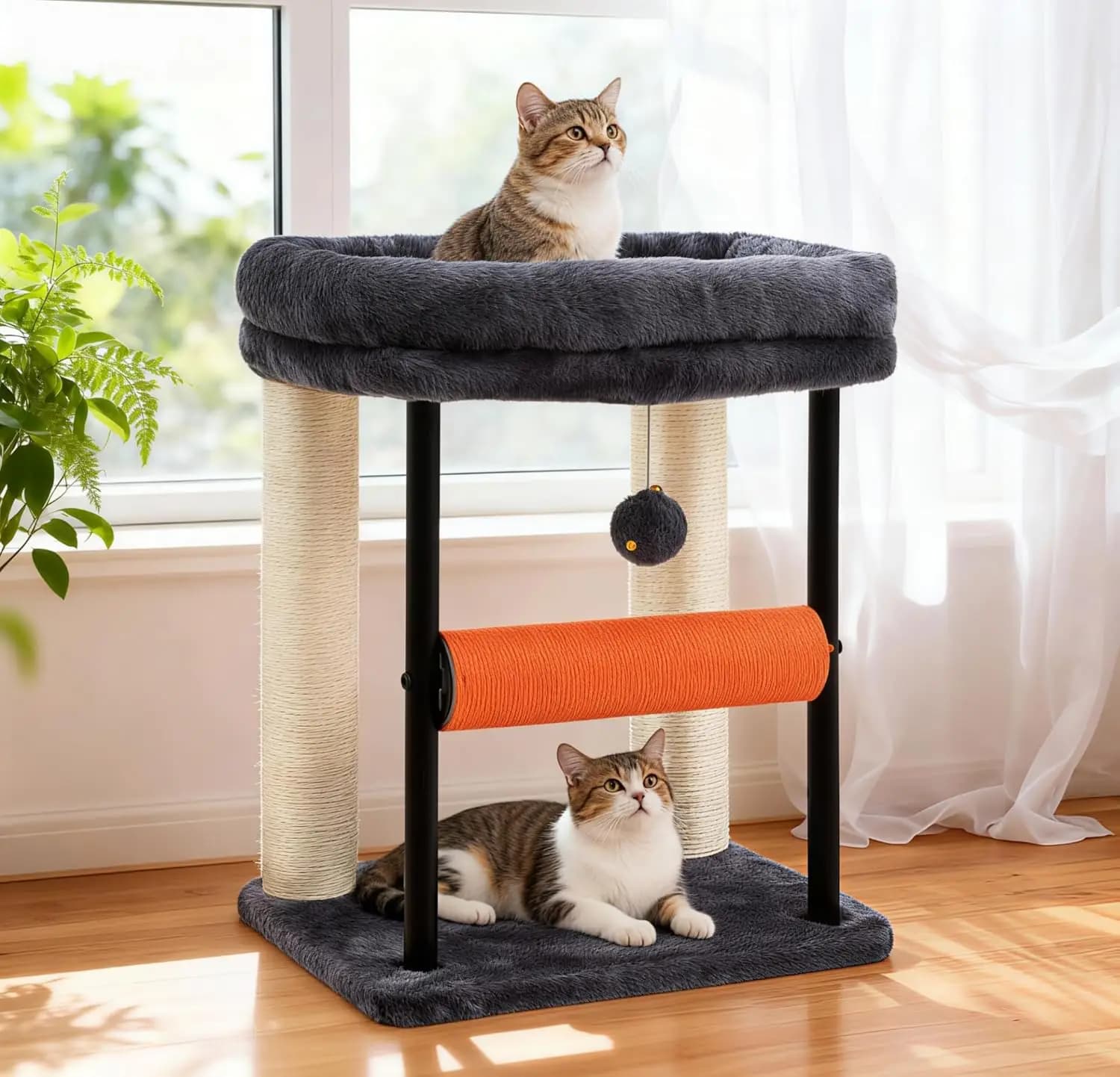 Albero per Gatti, Tiragraffi con Cuccia, Torre Robusta con Colonne Completamente Rivestite in Sisal e Palla Giocattolo in Peluche per Gattini da Interno