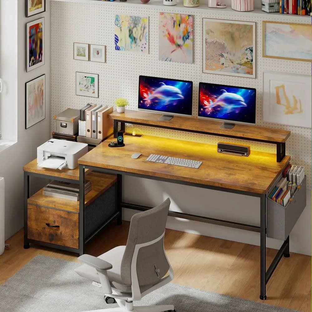 Scrivania da ufficio con prese di corrente, cassetto in tessuto, spazio per la stampante, schedario, scaffali, supporto per monitor, adatta per studio, scrittura