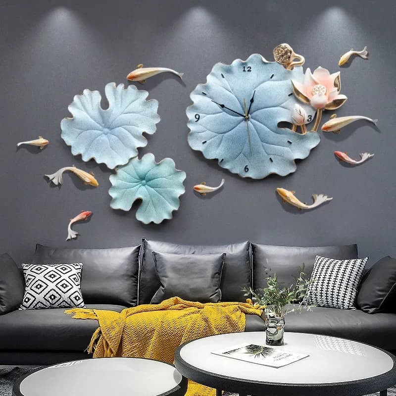 Luxury light lotus leaf living room wall decoration pendant flower three-dimensional dining room wall decoration wall clock