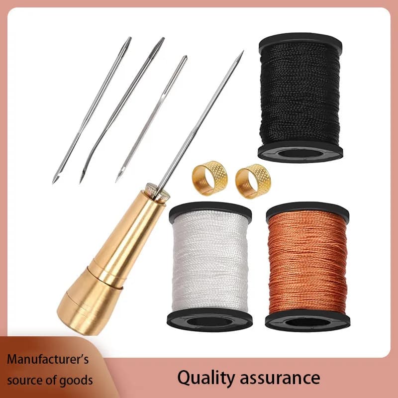 Kit da cucito in pelle Ago per punteruolo da cucito in pelle fai-da-te con manico in rame Set Strumento di riparazione per scarpe da tenda in tela di pelle con filo di nylon