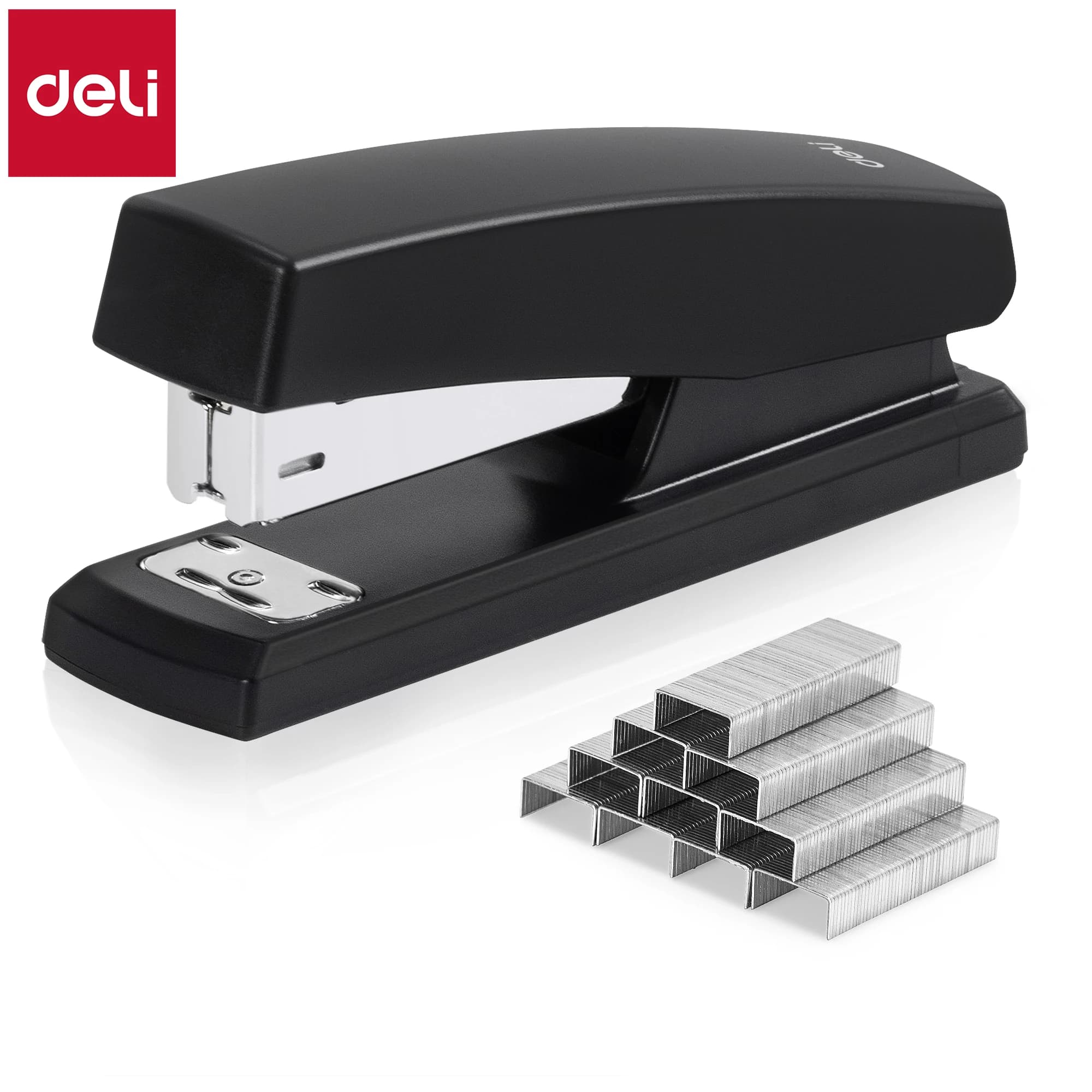 Deli 0425 Cucitrice resistente con 1 scatola di punti metallici Capacità di 20 fogli Cancelleria di design per risparmiare manodopera per materiale scolastico per ufficio