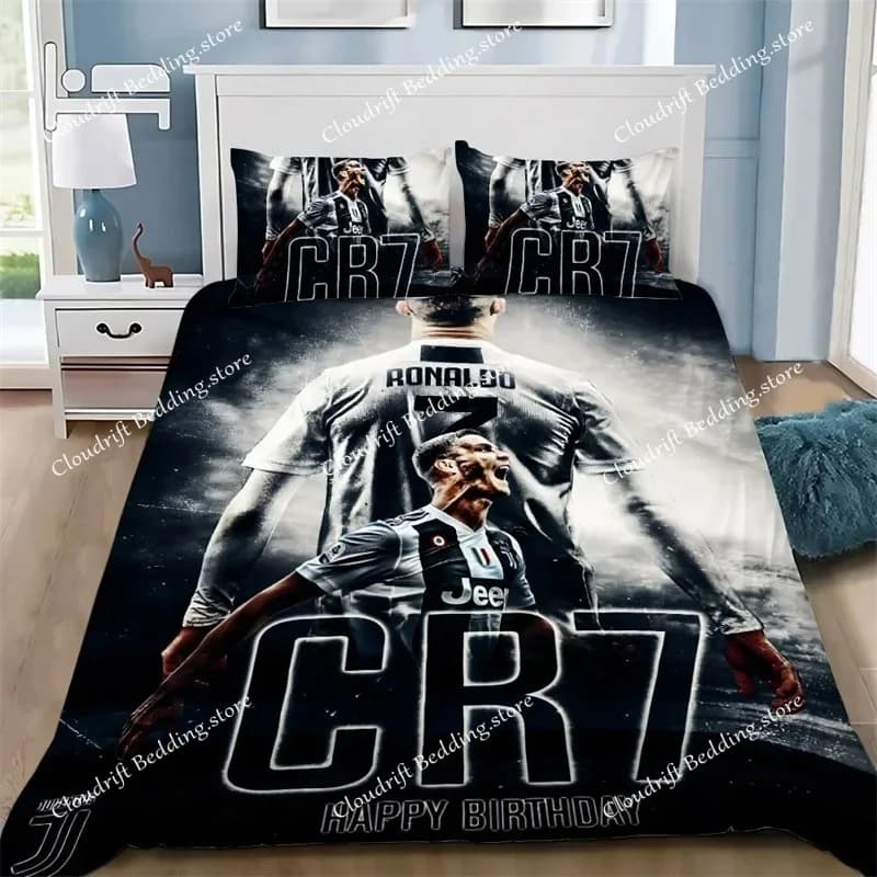 Nuovo Set di Biancheria da Letto 3D con Copripiumino e Federe, Tema Calcio CR7 R-Ronaldo, per Adulti e Bambini, Decorazione Camera da Letto, Singolo, Matrimoniale, Grande