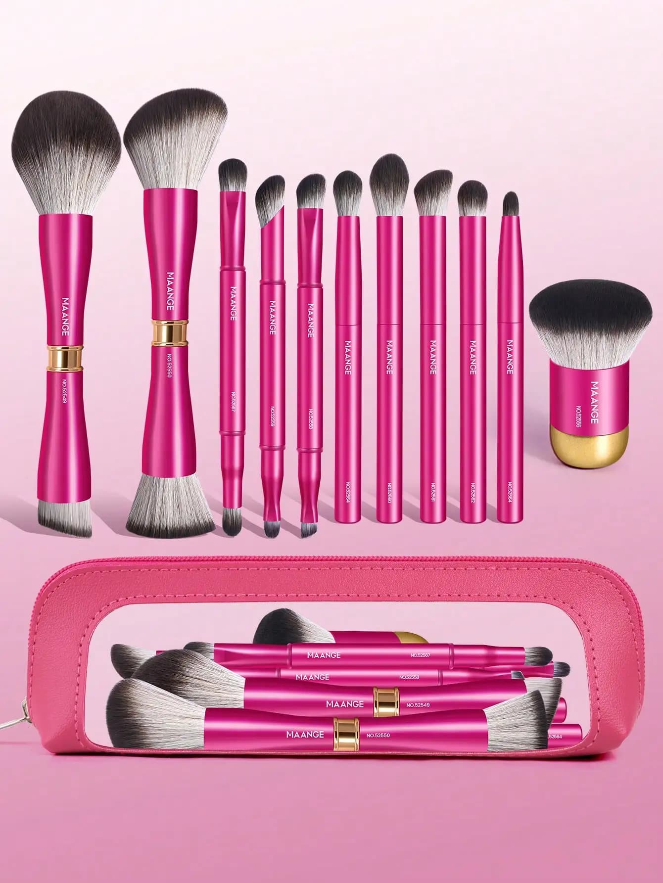 Set di 10 mini pennelli per trucco rosa con manico in cristallo, kit di pennelli per trucco da viaggio portatile con manico corto - Pennello per cipria, Pennello per contorno, Pennello per fard, Pennello per illuminante, Pennello per ombretto, Pennello per sopracciglia, Pennello per labbra con custodia con cerniera, Set di pennelli, Kit di pennelli per trucco, M
