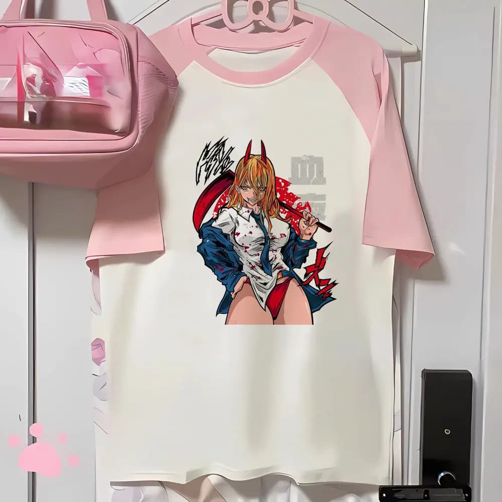 Chainsaw Man camicia ragazza Retro streetwear Cultura pop Camicia grafica digitale colorata Punk streetwear grafica Grunge anni '80