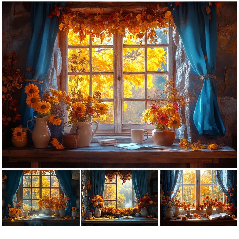 Autumn Window Scenery Photography Backdrops Maple Curtain Vase Sunflower Pumpkin Cup Book Baby Shower Portrait Photo Background