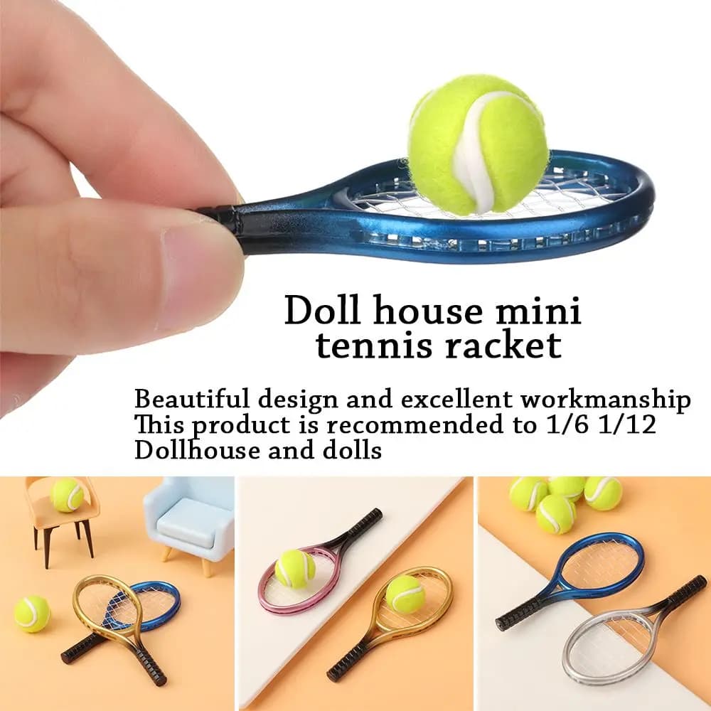 Tennis rack for dolls Dolls Home accessories Miniature tennis rack Sport Tennis model Doll house Tennis Mini tennis rack and ball