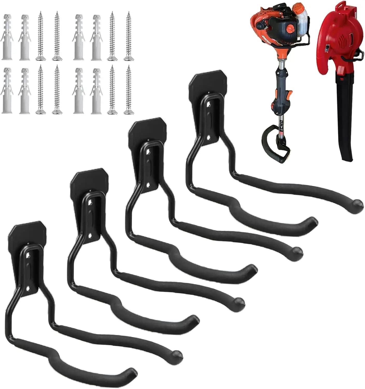 Set di Ganci per Attrezzi da Giardino – Confezione da 4 Ganci da Parete Neri Resistenti per Organizzazione di Garage e Capannoni